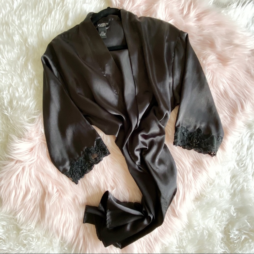 Black Satin Lace Kimono Robe
